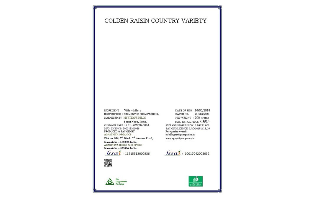 Mystique Hills Organic Golden Raisin    Box  100 grams